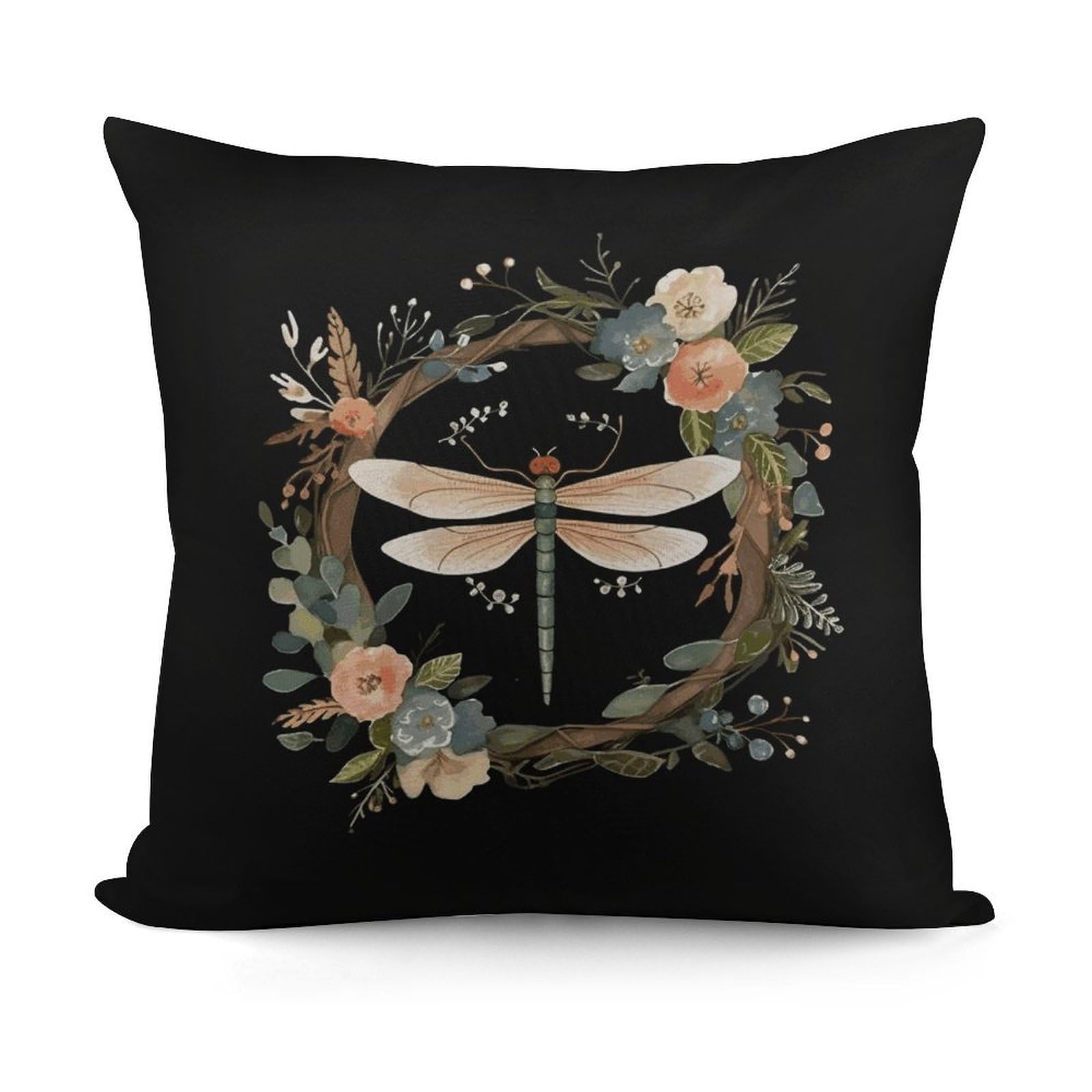 JTREHY Image of Dragonfly in Wreath Pillow Covers Decorative Throw Pillow Covers Soft Decor Couch Cushion Case Modern Square Pillow Cases Summer Pillow Cover for Sofa Living Room 18x18 in