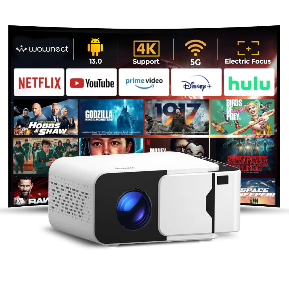 Wownect Smart Mini Projector, Latest Android 13.0, Electric Focus, 4K Supported, HD 1080P, Portable Home Theater Projector with WiFi6& Bluetooth, HDMI, USB, Compatible with iOS & Android – White
