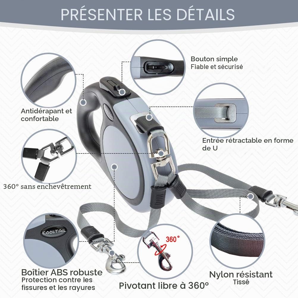 KOOLTAIL Laisse double rétractable pour deux chiens jusqu'à 50 kg, robuste à double tête, extensible à 360 °, sans enchevêtrement, laisse pour chiens de petite, moyenne et grande taille, gris