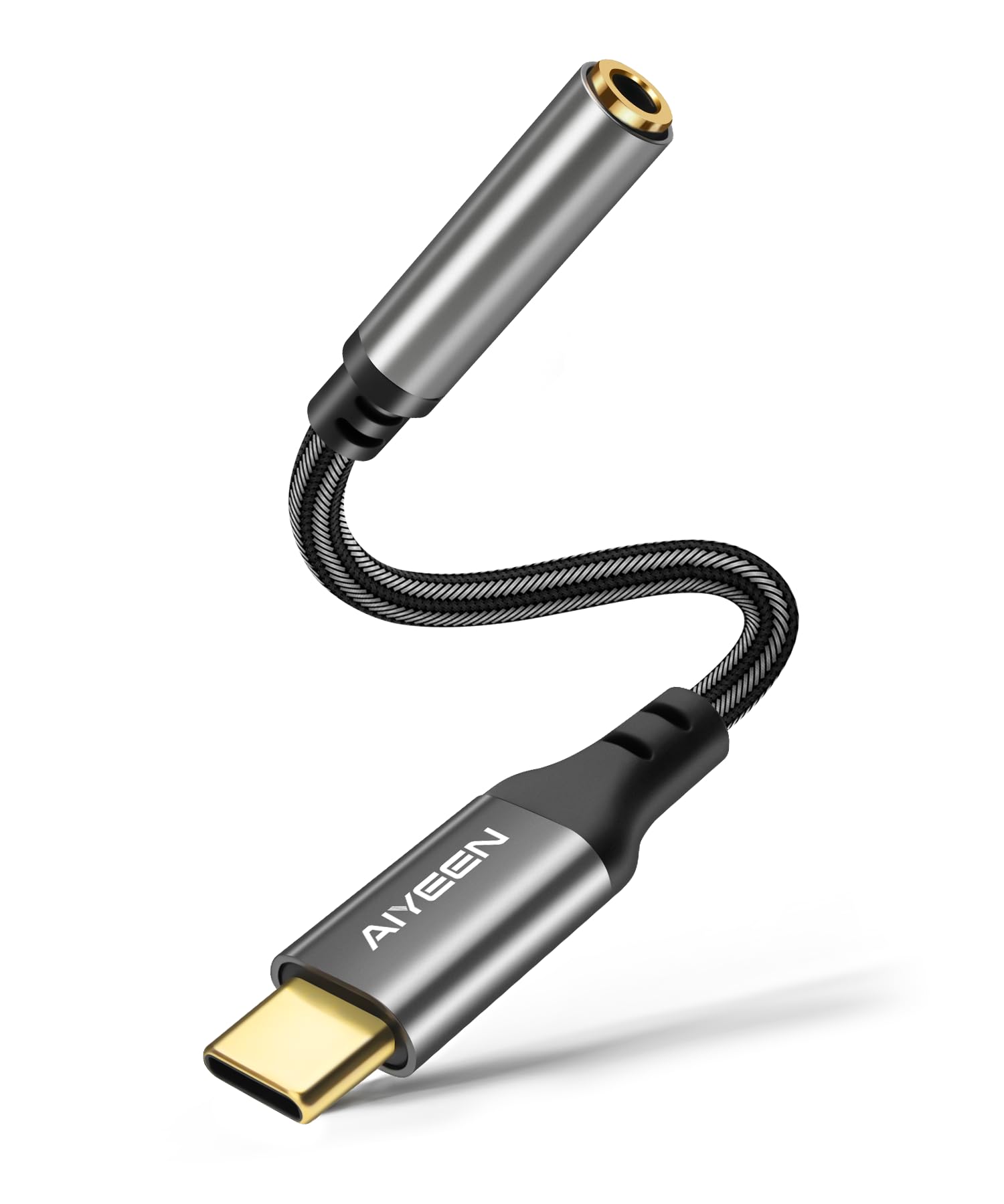USB C to 3.5mm Audio Adapter Cable, DAC Chip, Nylon Braided Type-C to Aux Stereo Converter with Gold-Plated Connector, Hi-Res Sound, 13cm – Grey