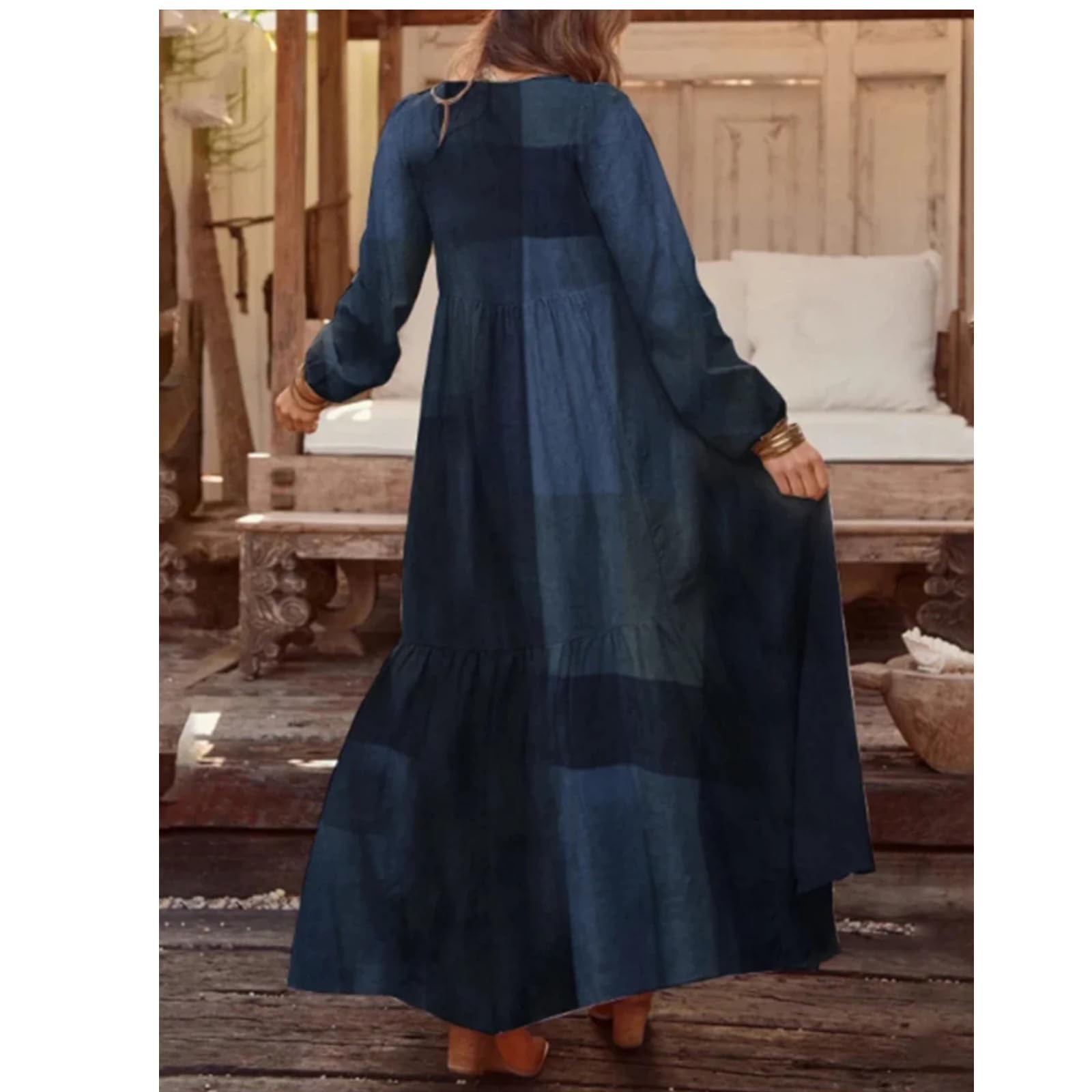Vestidos Casuales de Mujer de Estilo Retro de Moda callejera con Escote en V y Manga Larga Estampados con Bloques de Color