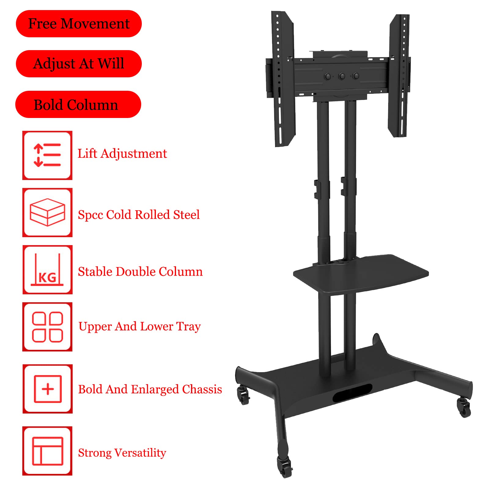 SRHIMEOS Chariot Meuble TV avec Roulette Support Télé Pied Pivotant de 32 à 65" – Mobile TV de Plancher Robuste – Anti Basculement et Ultra Stable – Fixation VESA 600x400mm