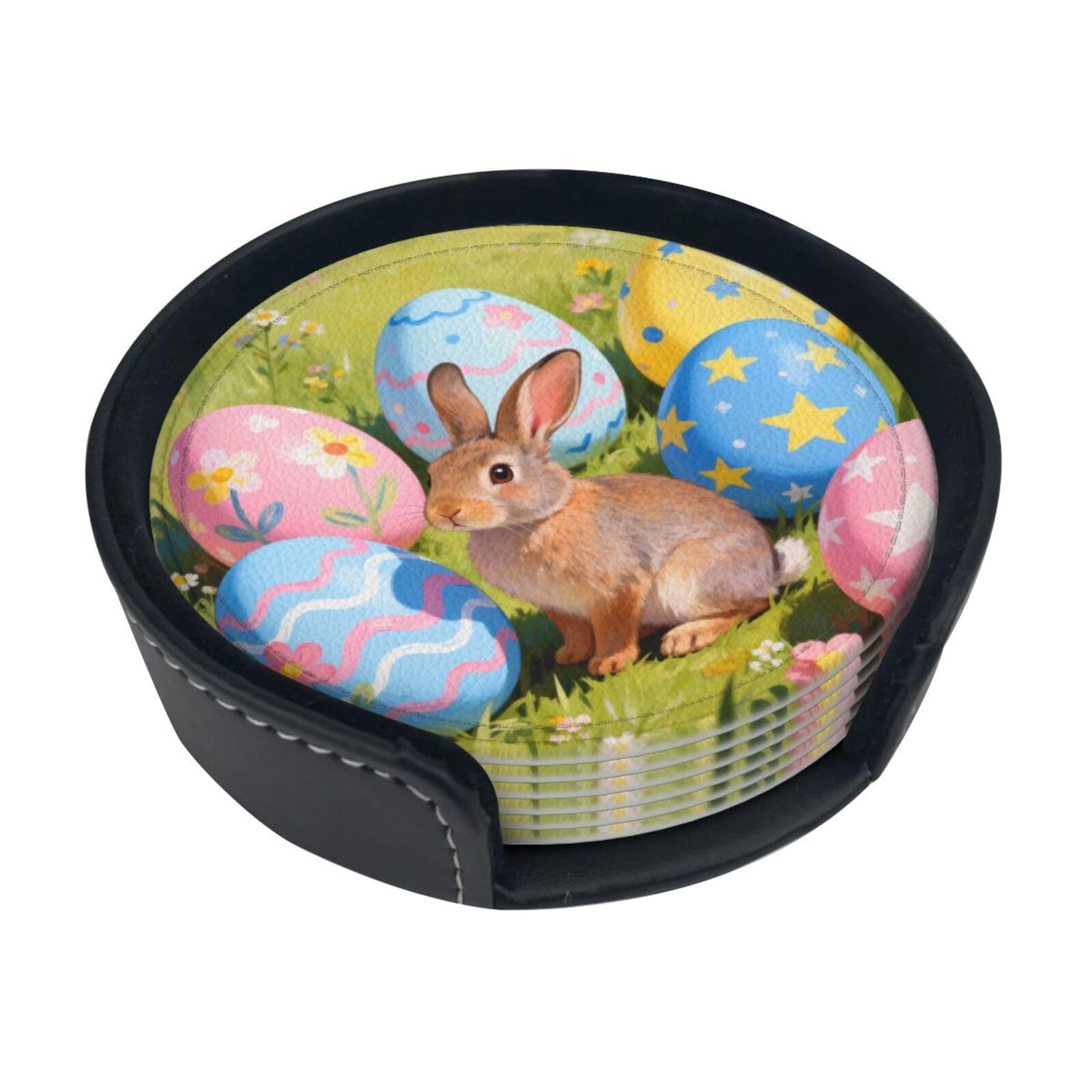 Easter Eggs Leather Coasters-Set of 6 with Storage Holder