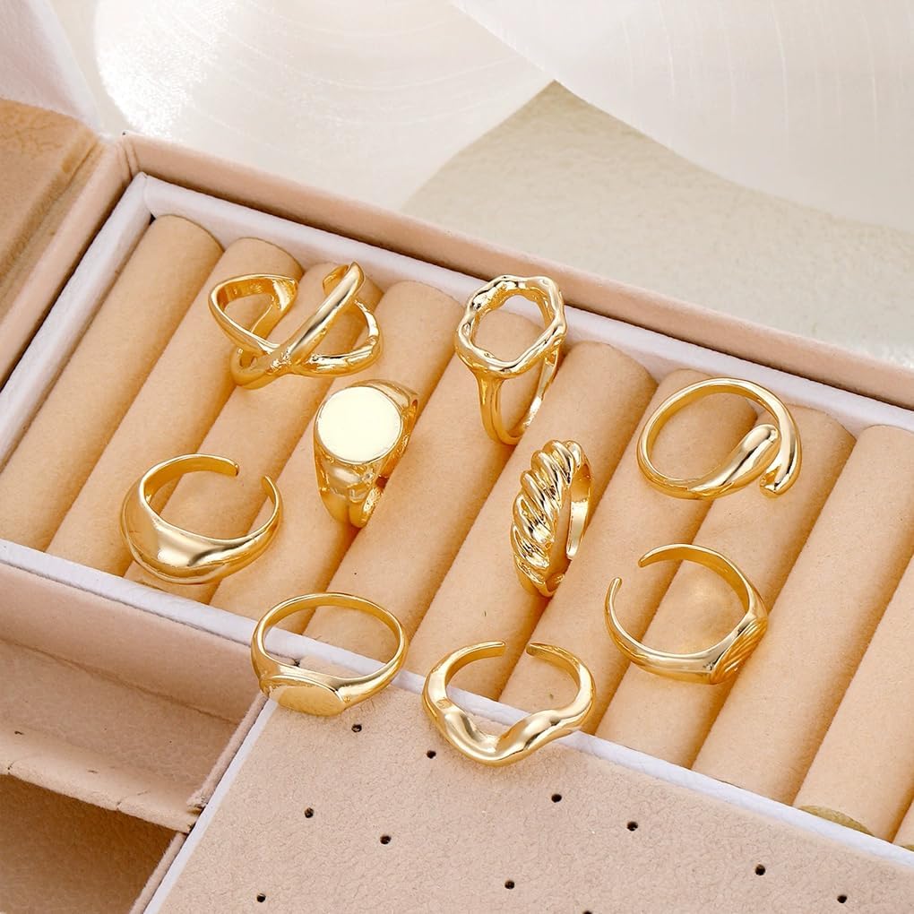 9Pcs Chunky Gold Glossy Rings Set for Women Thick Silver Dome Knuckle Rings Pack Stackable Geometric Open Statement Ring Stack Trendy Jewelry Gifts - Image 5