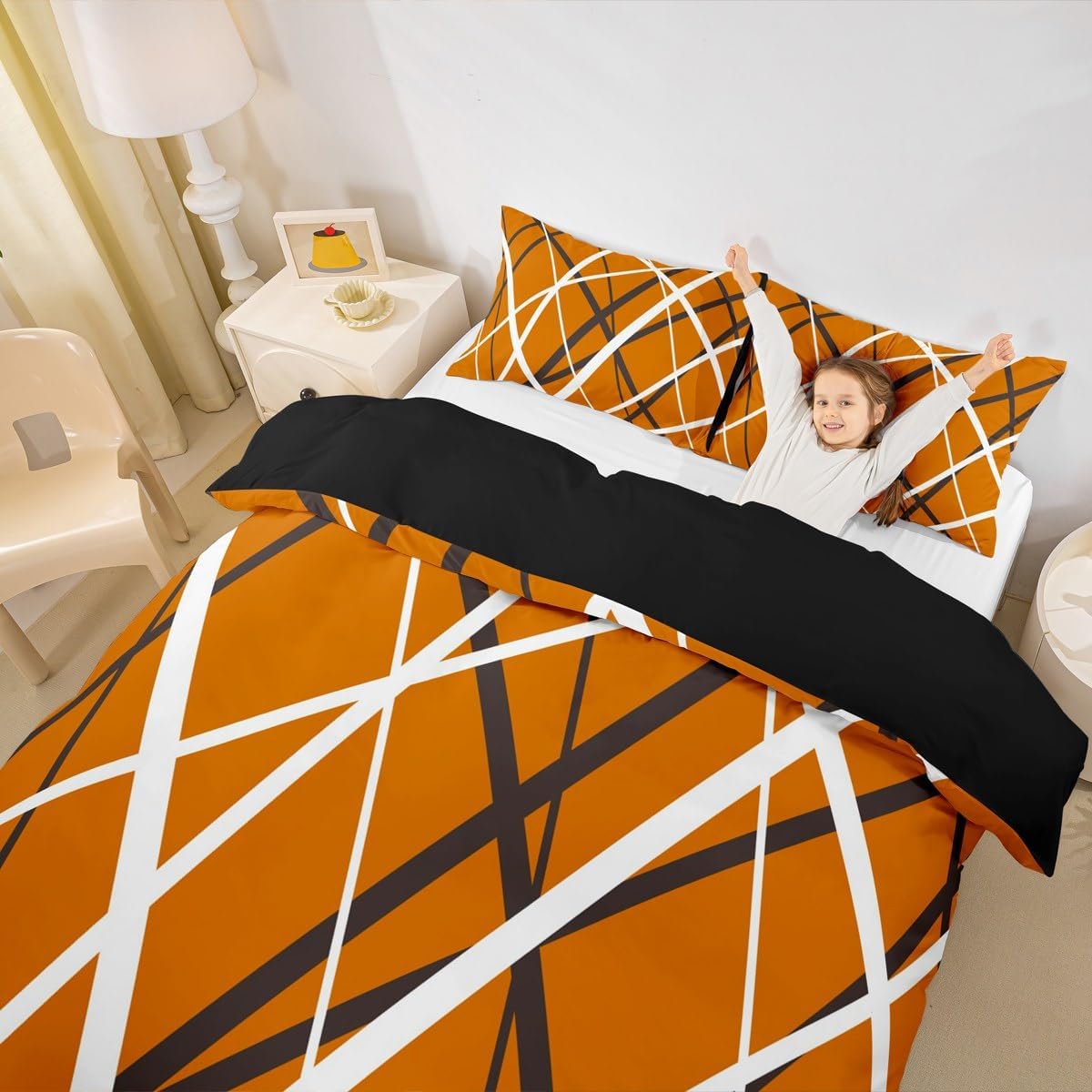 jejeloiu Kids Bedding Set Toddler Size, Dark Orange Duvet Cover Boys Girls Geometric Comforter Cover Stripes Teens Bedroom Decor with 1 Pillow Case (No Comforter)