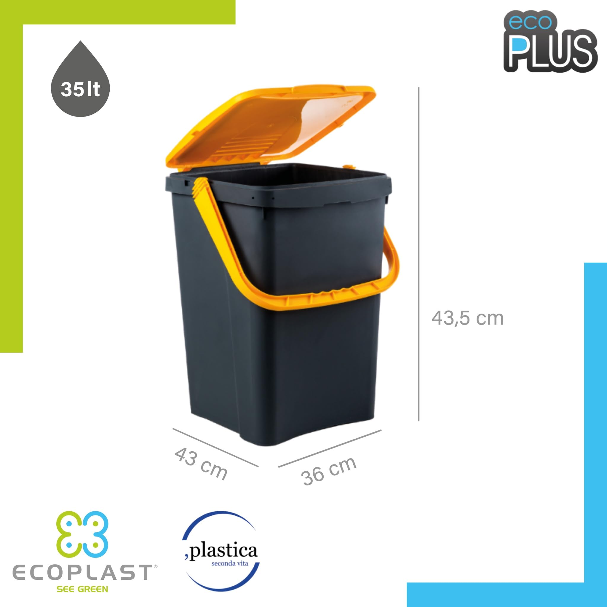 Ecoplast | Tris di Pattumiere per Raccolta Differenziata 50 Lt, Colori Assortiti Giallo/Verde/Blu, 43x41x54,4, Made in Italy