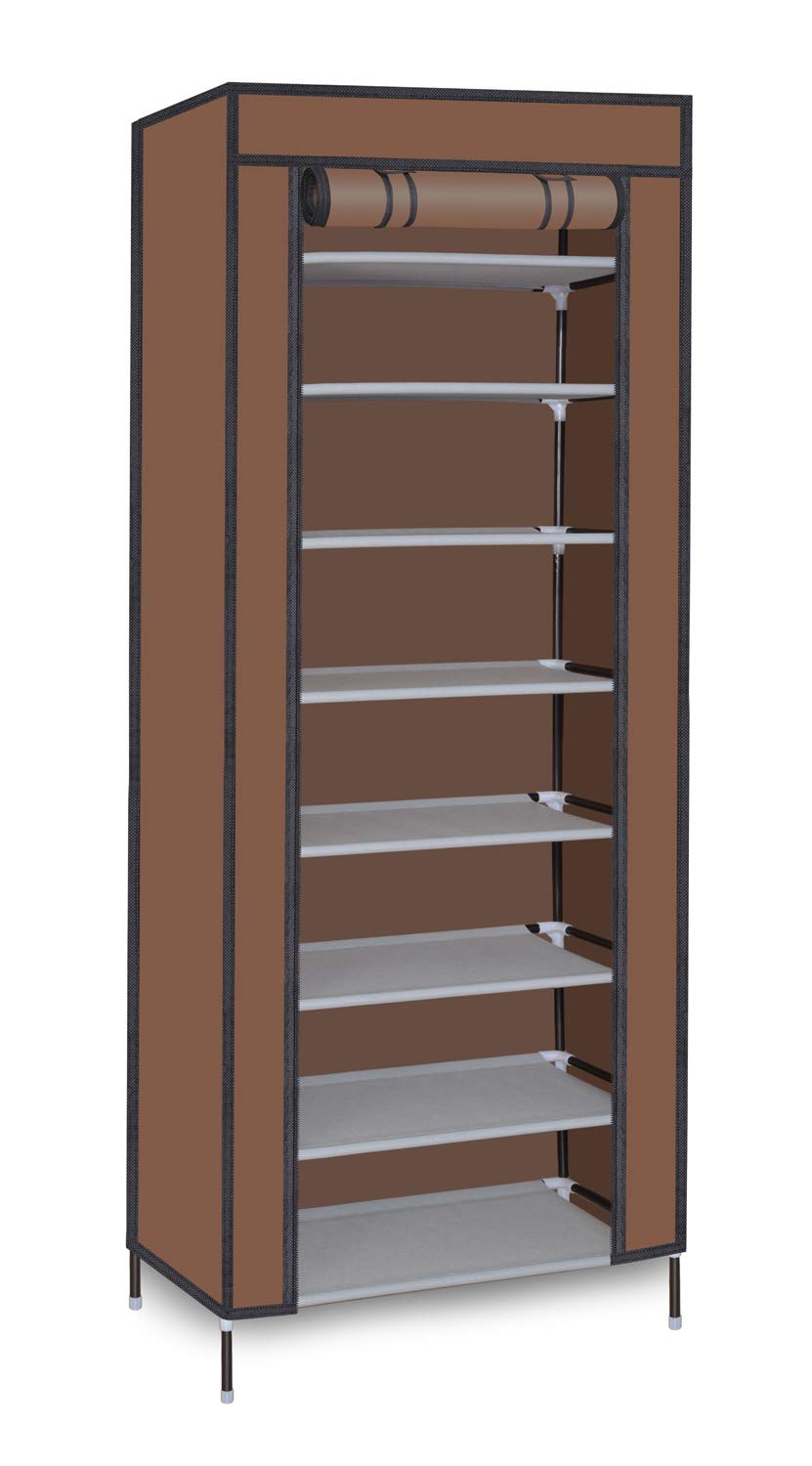 Smart HomezMedium 9 Level Collapsible Tower Shoe Rack/Cabinet - Brown| Snap-Connect Steel Frame with Duralight Fabric Cover