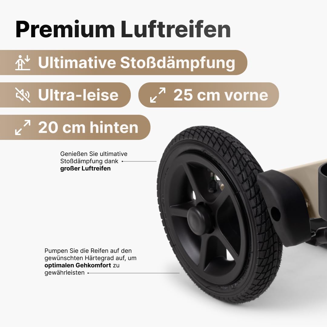 Luxo Air Rollator - Leicht & 2-fach faltbar – Mit Luftreifen, integriertem Bremssystem, gepolsterter Sitz- und Rückenlehne, Tasche, Stockhalter - 7,1 kg - Gehhilfe für Senioren - Champagner