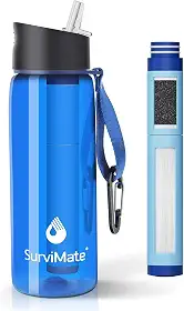 SurviMate Garrafa de água filtrada livre de BPA com canudo de filtro integrado de 4 estágios para acampamento, caminhada, mochila e viagens
