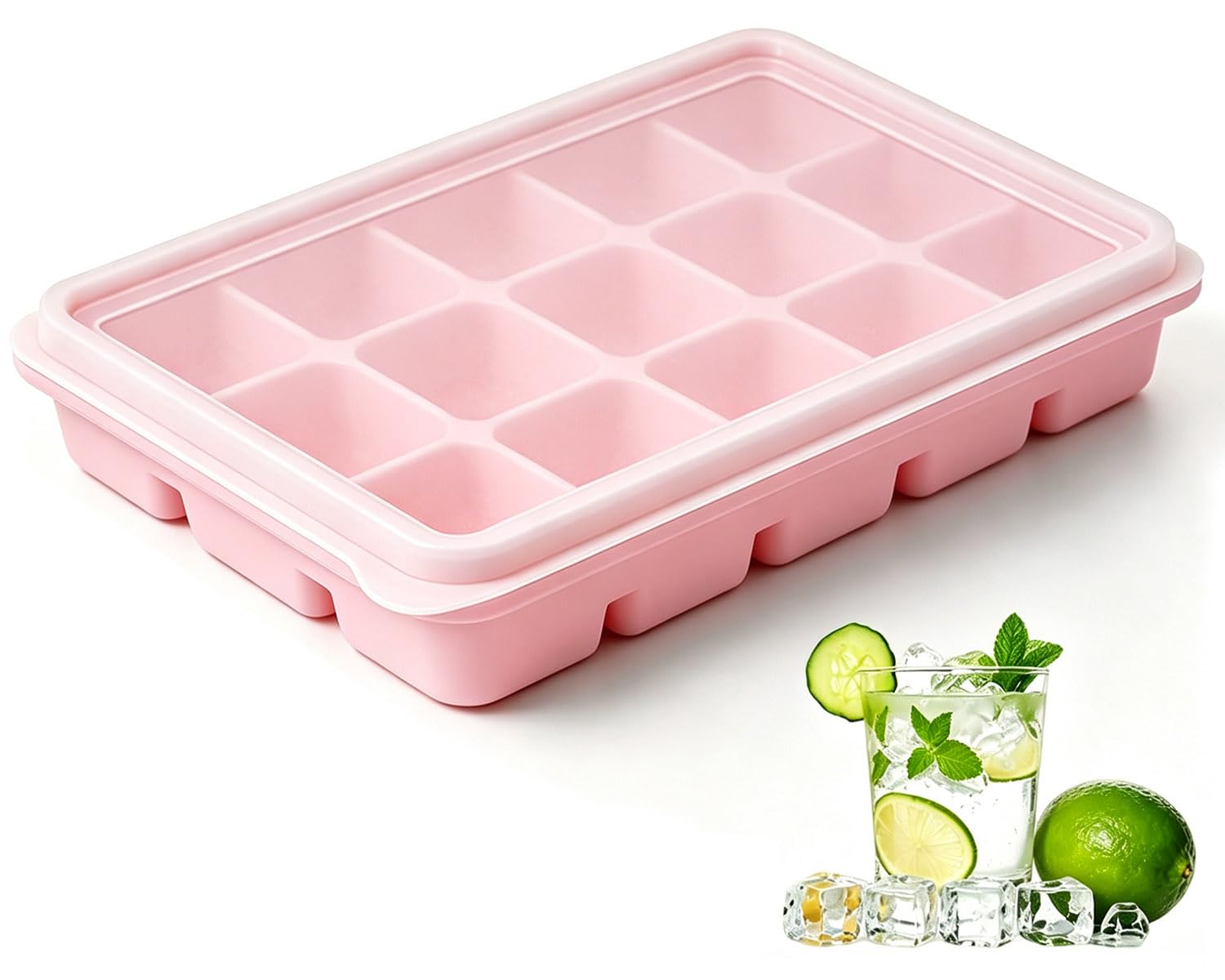Azxb Ice Cube Trays with Lid, 1 Pack 15 Cubes Easy Release Stackable Flexible Silicone Ice Cube Trays for Freezer with Removable Silicone Lid for Food, Whiskey, Cocktail, Coffee, BPA Free