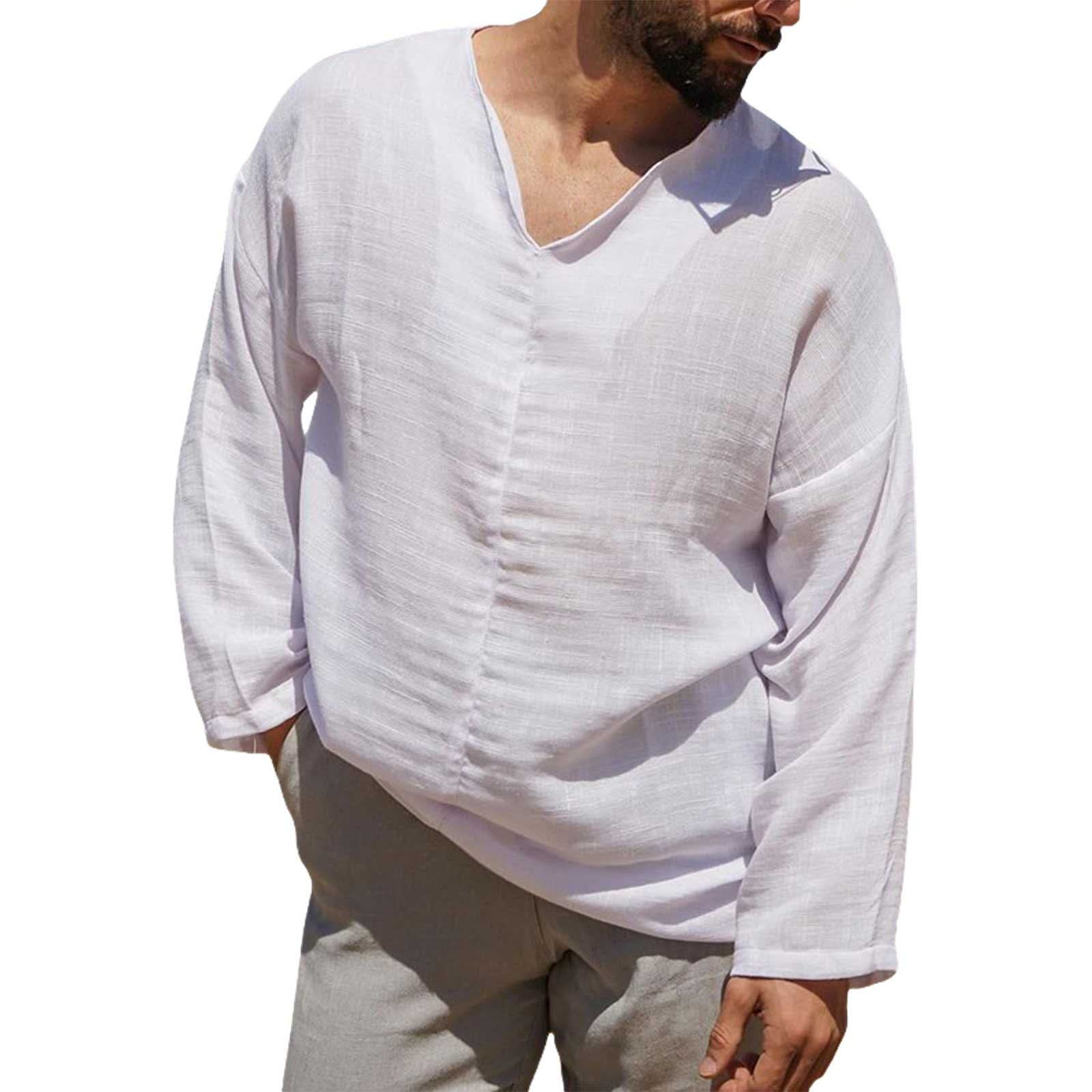 Gefomuofe Camisa de lino para hombre, manga larga, cuello en V, tallas grandes, informal, monocolor, cuello de pico, corte ajustado, con partes elásticas, bolsillo en el pecho, manga larga, camiseta de manga