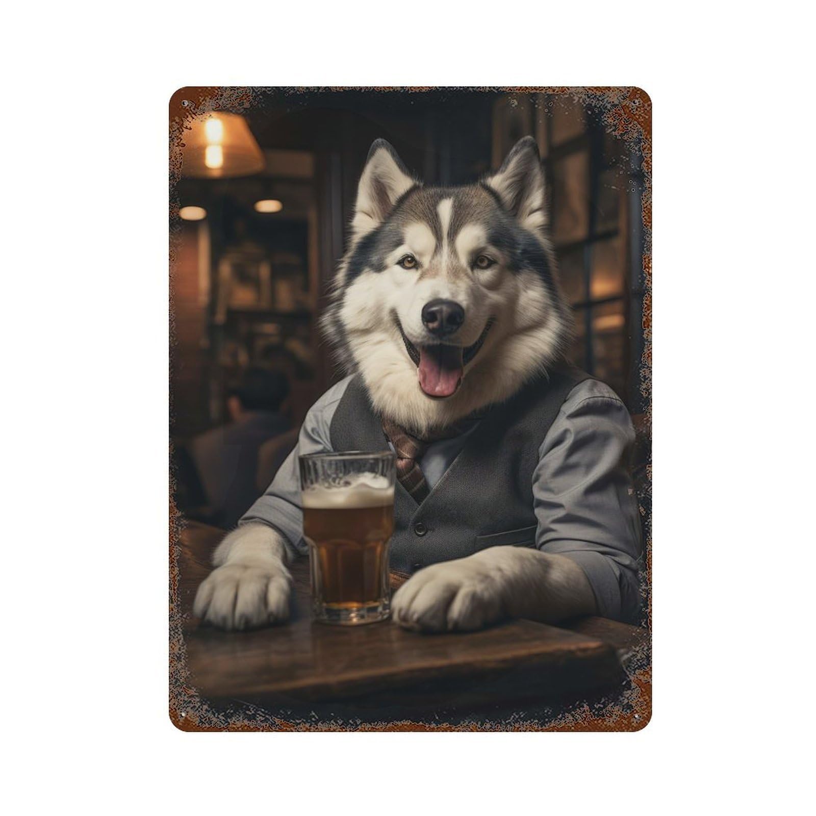 Garage Style Husky Dog in The Pub Aged Metal Wall Plaque 15.7"x11.8", Farmhouse Wall Decor for Bar And Workshop