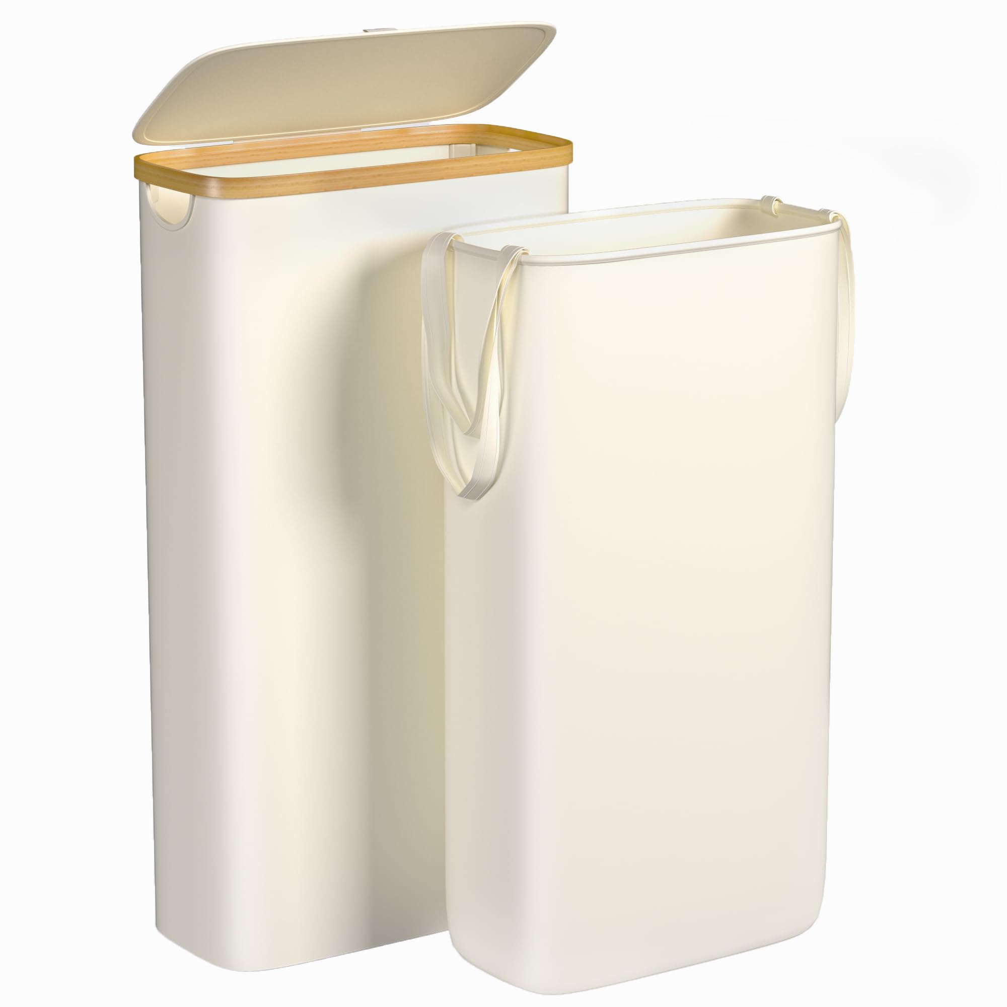 Foluck Slim Laundry Hamper, 60L Waterproof Narrow Laundry Basket with Lid and Removable Bag, Collapsible Tall Clothes Hamper with Bamboo Handles for Clothes Toys in Dorm Bedroom Bathroom, Beige