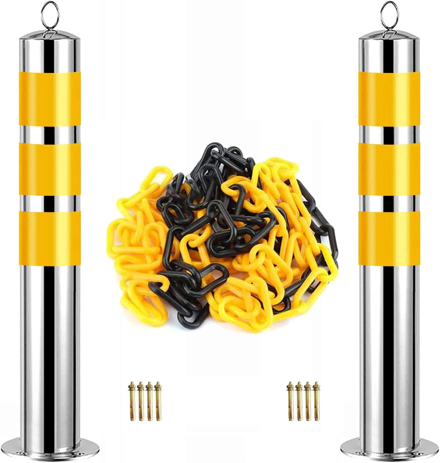 2PCS Stainless Steel Parking Bollards with 5m Barrier Chain, Safety Parking Posts for 360° Visibility, 800mmH x 89mmD