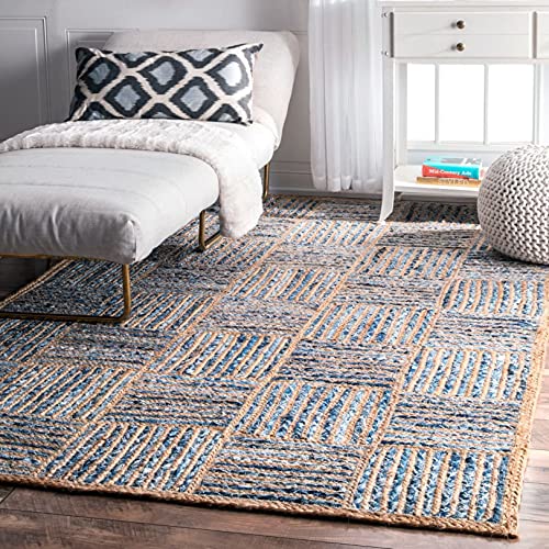 Image of Jute Braided Natural Hand Woven & Reversible Rug for Living Room Kitchen Entryway, Farmhouse Rustic Burlap Carpet Floor Mat (denimbox, 3X5-feet)