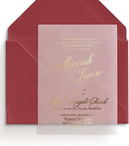 Set of 10 Vellum Quinceanera Invitations, Girl 15th Birthday Invitations with Gold Foil, Sweet 16 Birthday, Quince Anos, Customizable Mis Quince