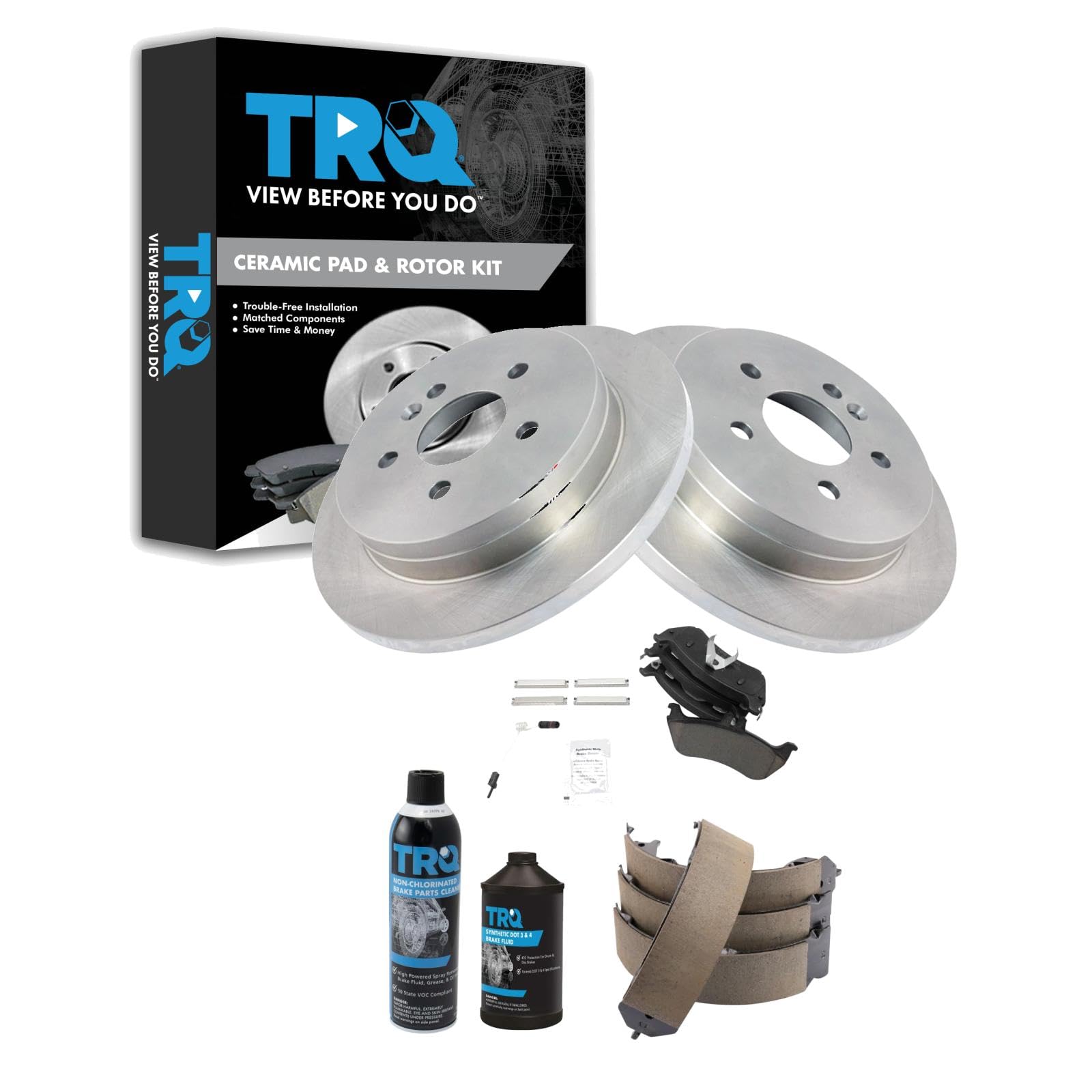 TRQ Rear Brake Pad &amp; Rotor Kit, with Chemical Kit Parking Brake Shoe Set Ceramic Compatible with 1998-2003 Mercedes-Benz ML320 2003-2005 ML350 1999 ML430