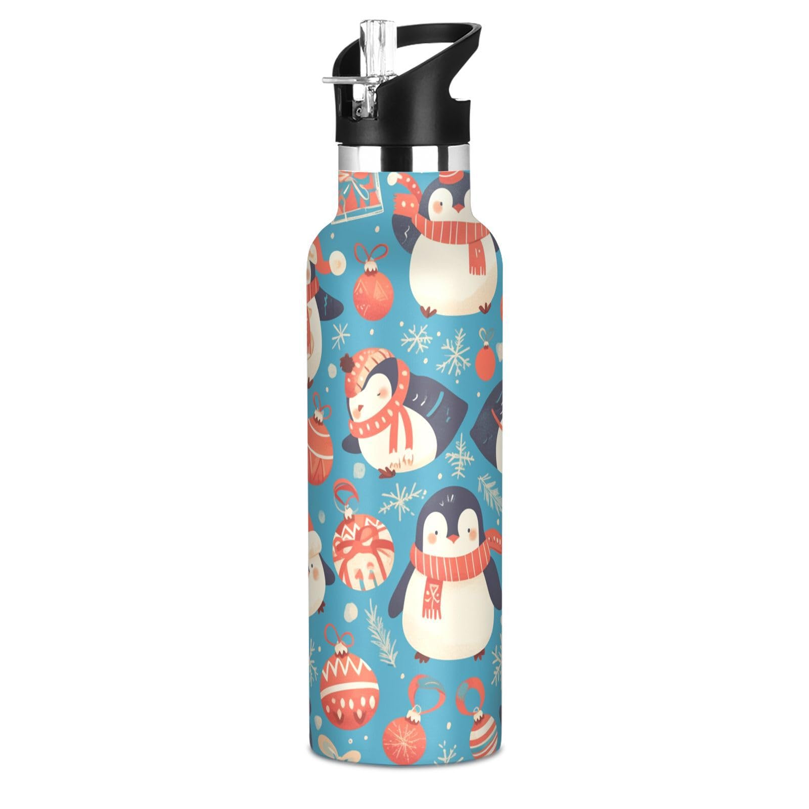Kaaviyo Boys Pattern Joyful Penguins Santa Hats Water Bottle Stainless Steel Jug Insulated Vacuum Cup For Girls(600Ml)
