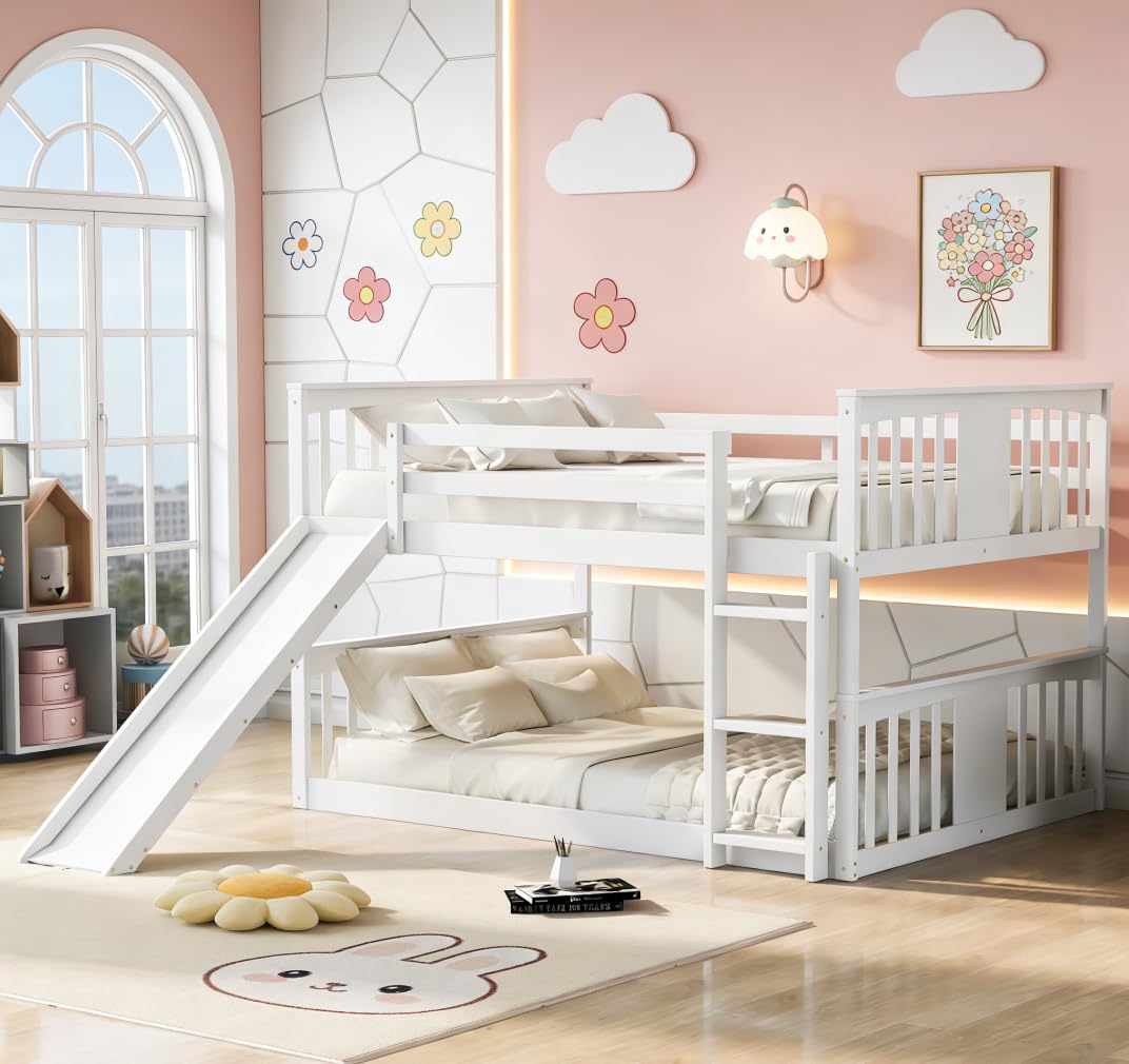 Bellemave Full Over Full Low Bunk Bed with Slide and Ladder in white.