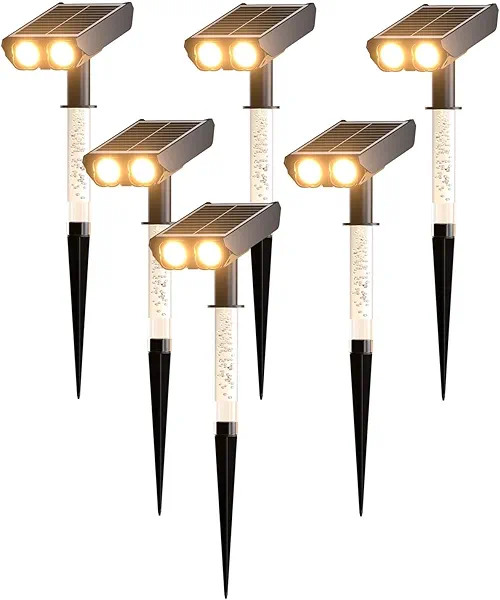 Solar Lights Outdoor Waterproof: 2 IN 1 Solar Spot Lights with 2 Lighting Modes & PC Light Guide Column for Tree Garden Yard Pathway | Warm Yellow 3000k Landscape Lights | IP65 Waterproof | 6 Pack