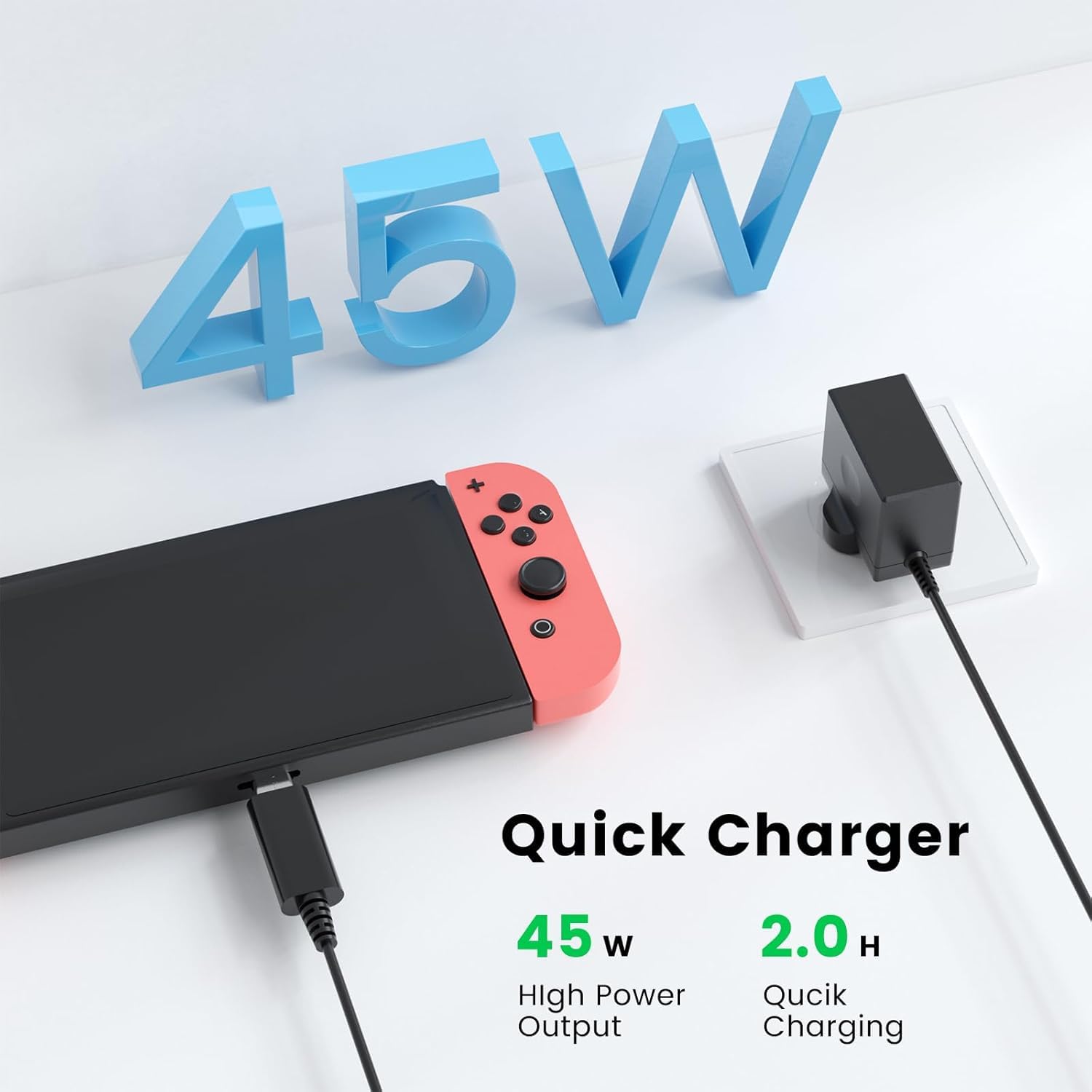 45W Charger for Switch 1/2 /Switch OLED/Switch Lite, 2Hours 15V/3A Fast Charging AC Adapter 5FT Type-C Cable Power Supply for Switch1/ 2 / Lite/Dock and Switch Pro Controller - Support TV Mode — view 2