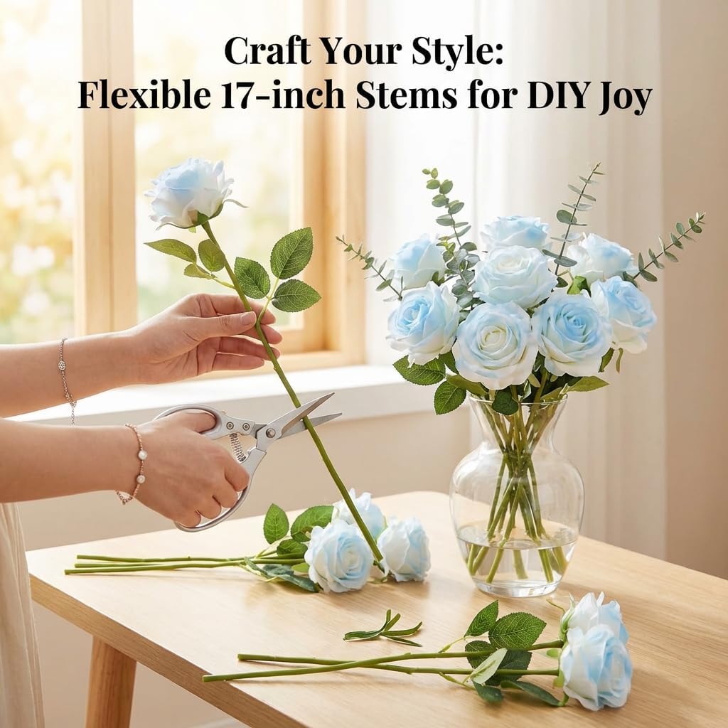 Ice Blue Artificial Roses Fake Flowers Not Bend The Peduncle with Stems for DIY Wedding Bouquets Bridal Shower Centerpieces Arrangements Tables Decorations 12pcs - Image 3
