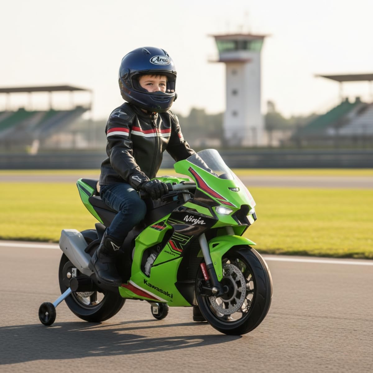 INJUSA Elektrisches Motorrad für Kinder 3-6 Jahre Kawasaki Ninja 12V - Laufzeit 2h - Lichter - Geräusche - MP3 - Stützräder - Handgas - 6 km/h - INJUSA