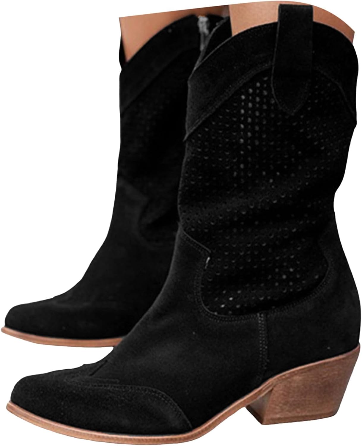 Cowboy Boot for Women Suede Chunky Low Wooden Heel Ankle Boots Pointed Toe Casual Chelsea Modern Western Booties Hollow Out Breathable Short Booties Shoes