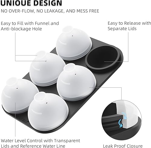 Miniatura 3 de Molde de bola de hielo para whisky, paquete de 2 moldes de silicona para hacer bolas de hielo con cubierta individual, fácil de llenar y liberar,