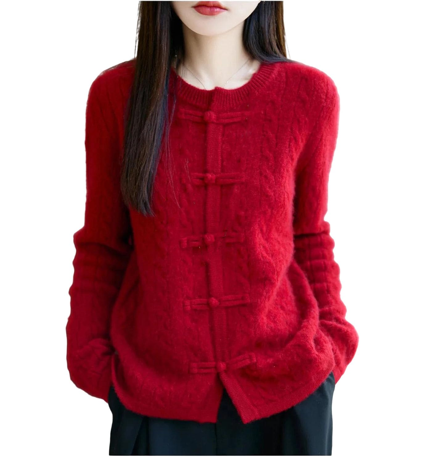 Womens Everyday Comfort Wool Cardigan Long Sleeve Round Neck Thickened Warm Single-Breasted Loose Sweater