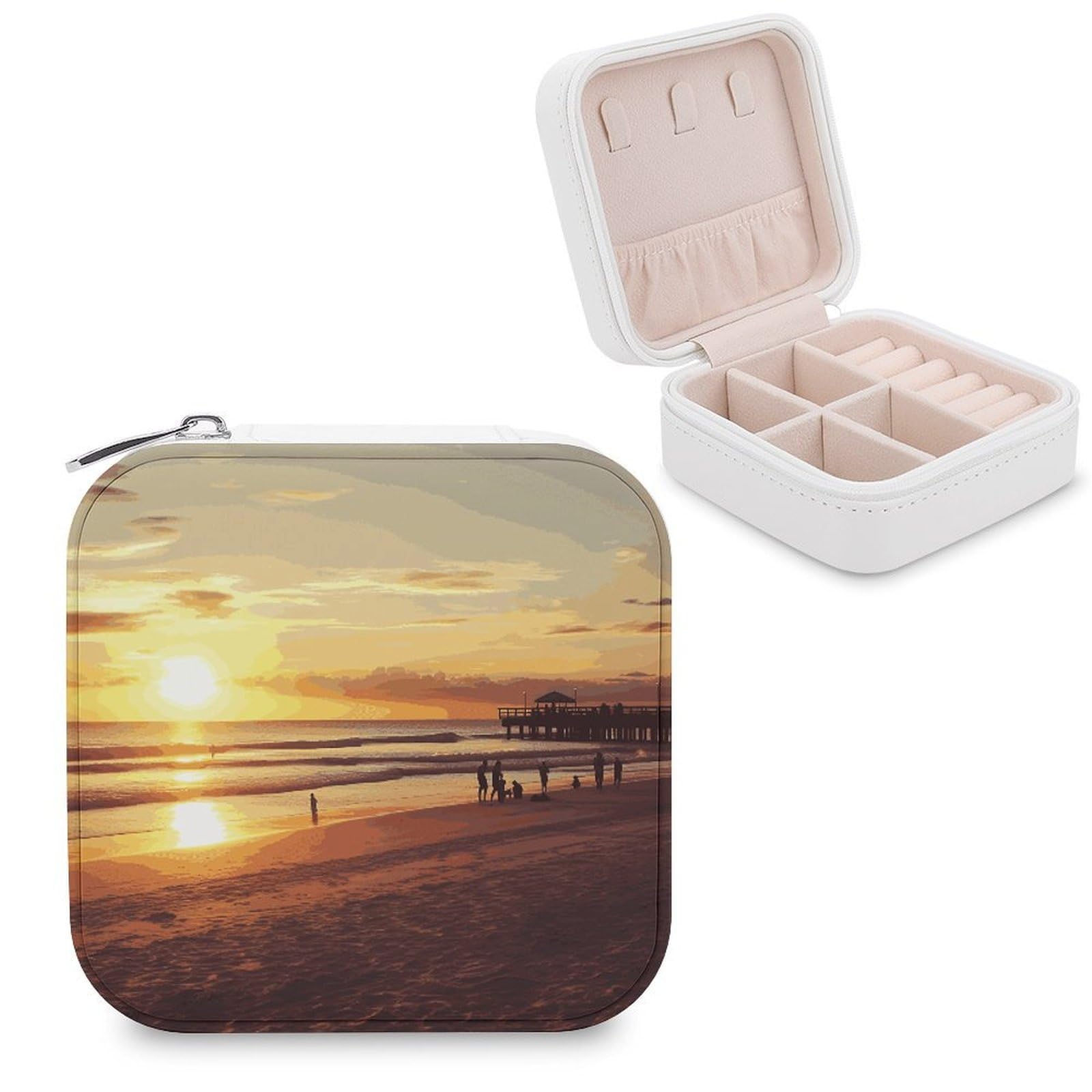 MUSM Sunset Beach Travel Jewelry Case Personalized PU Leather Jewelry Boxes for Women Small Portable Jewelry Organizer Box Cute Trinket Box for Necklaces Rings Earrings & Gifts
