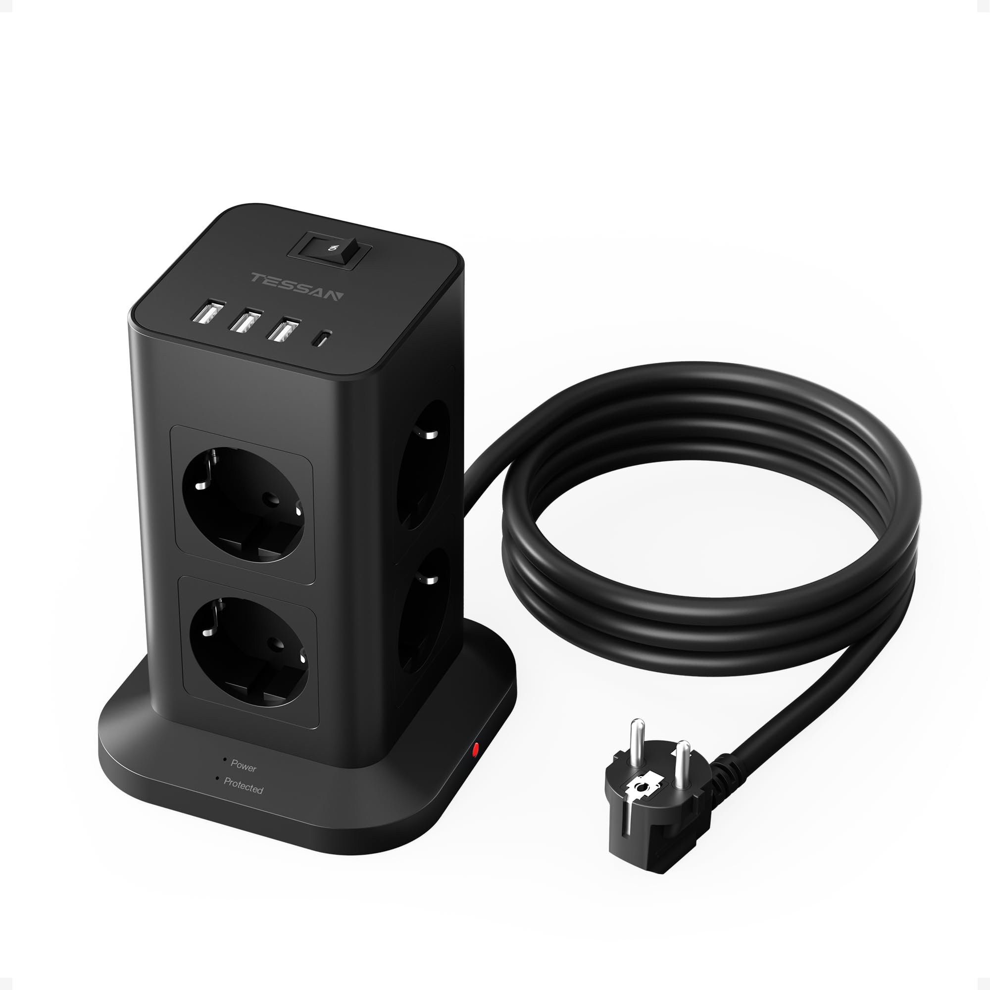 TESSAN Mehrfachsteckdose mit USB C und 3 USB A, 8 Fach Steckdosenleiste Überspannungsschutz, Verlängerungskabel 2M, Mehrfachstecker 3600W, Steckdosenturm Verteilersteckdose für Zuhause, Schwarz