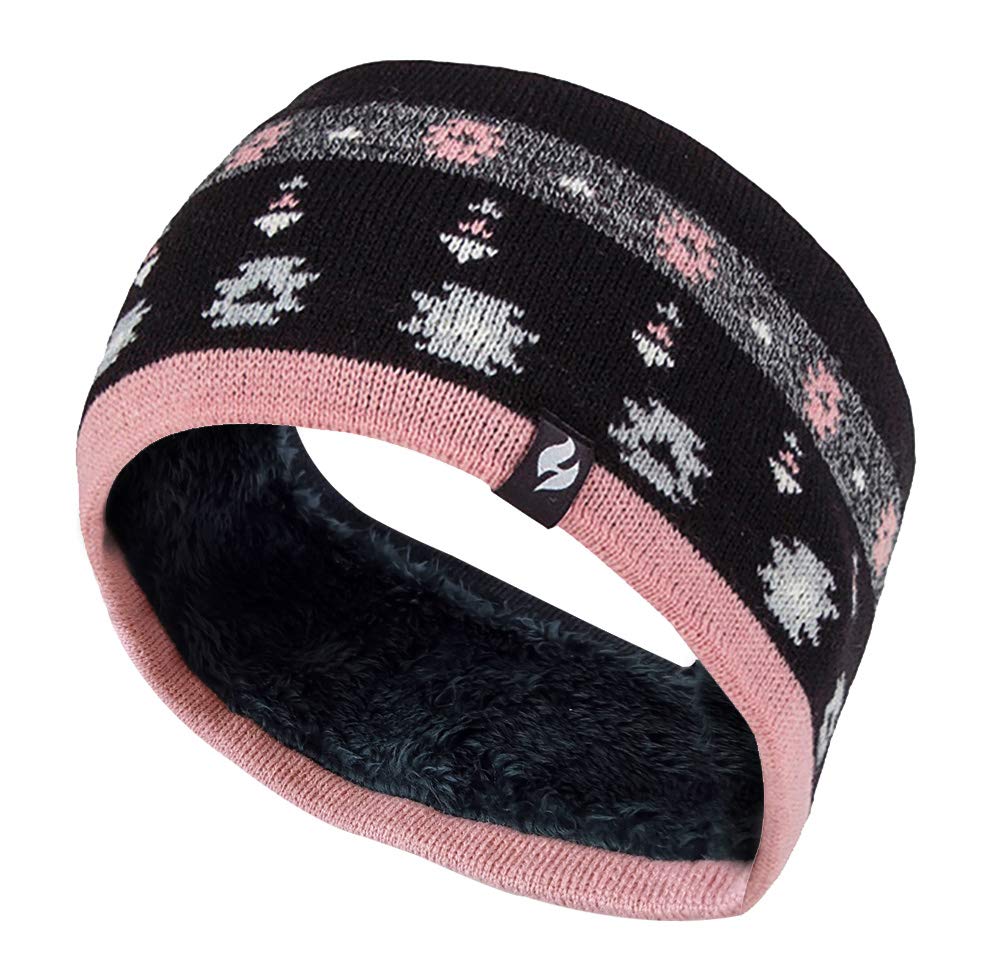 Heat Holders - Ladies Thick Cable Knitted Fleece Lined Thermal Winter Empty Skull Ear Warmer Headband (One Size, Jaquard Black Coral)