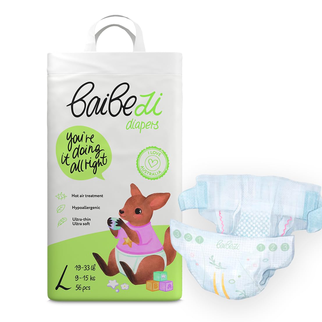 BaiBezi Premium Baby Diapers, Size 4 (19-33 lb), 56 Count, Wetness Indicator, Japanese Absorption Tech, Hypoallergenic for Sensitive Infant Skin, Ultra-Soft Micron Velvet Fiber