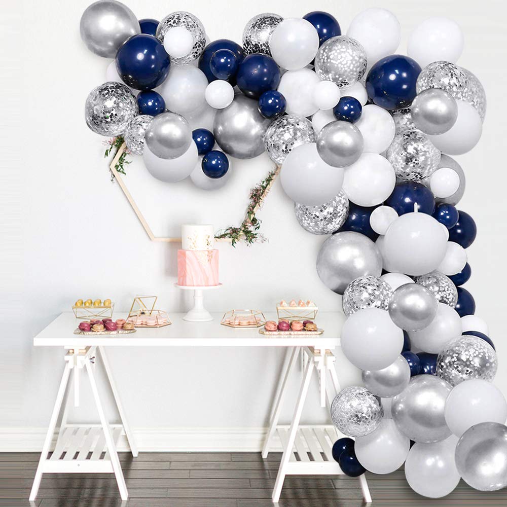 Blue Birthday Party Balloons, 120pcs White Silver Confetti Latex Helium Balloon with 16ft Strip Tape & Dot Glue for Bridal Shower Birthday Party Anniversary Graduation Centerpiece Backdrop Decorations