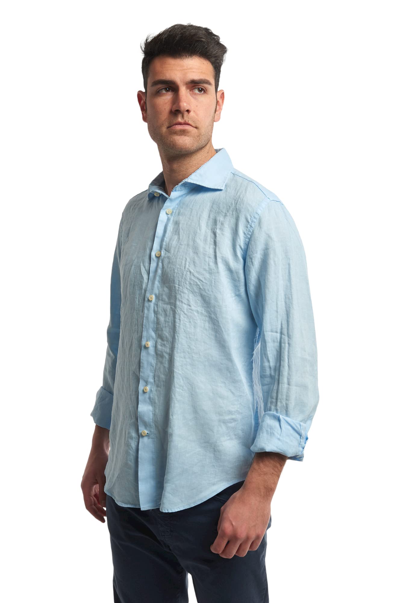 Camicia di Puro Lino Uomo, Collo Classico, Manica Lunga, Abbigliamento Uomo, Stagione Estiva, Bianco, Celeste, Avio, Beige, Blu, Verde dalla S alla XXXL