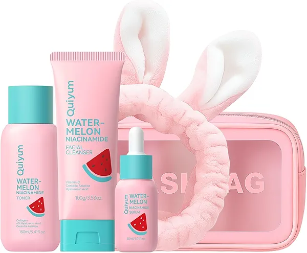 Quiyum Watermelon Skin Care Set, Beauty Skincare Gift Sets, Fruit Facial Skincare Products, Routine Skin Care for Teens 10-12, Nourishing, Hydration, Glow Up, Trendy Stuff for Girls with 3PCS