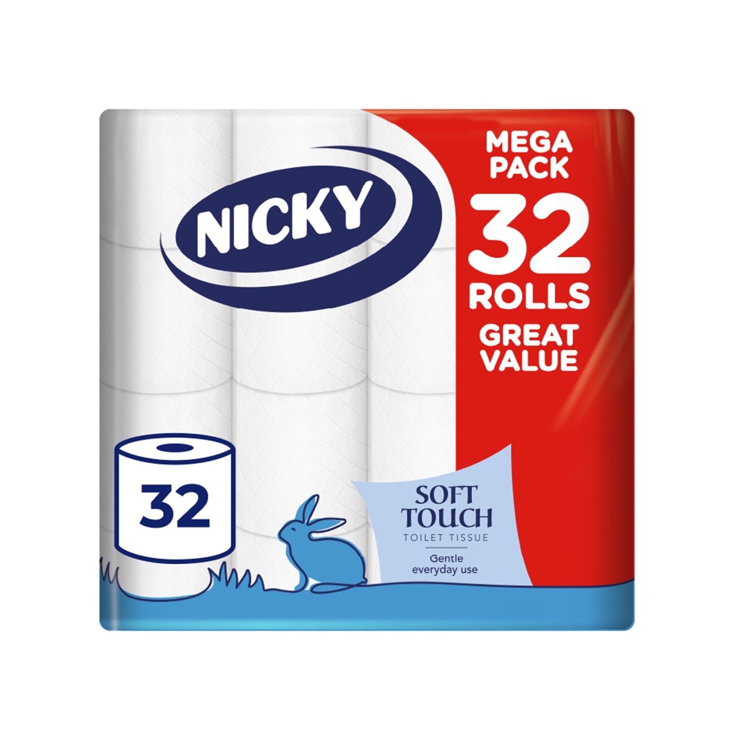 Nicky Soft Touch Toilet Tissue - 32 Rolls of Extra Gentle White Toilet Paper, 190 Sheets per Roll, 2-ply, Soft Tissue, Modern Embossing, Easy Opening, 100% FSC Certified Paper