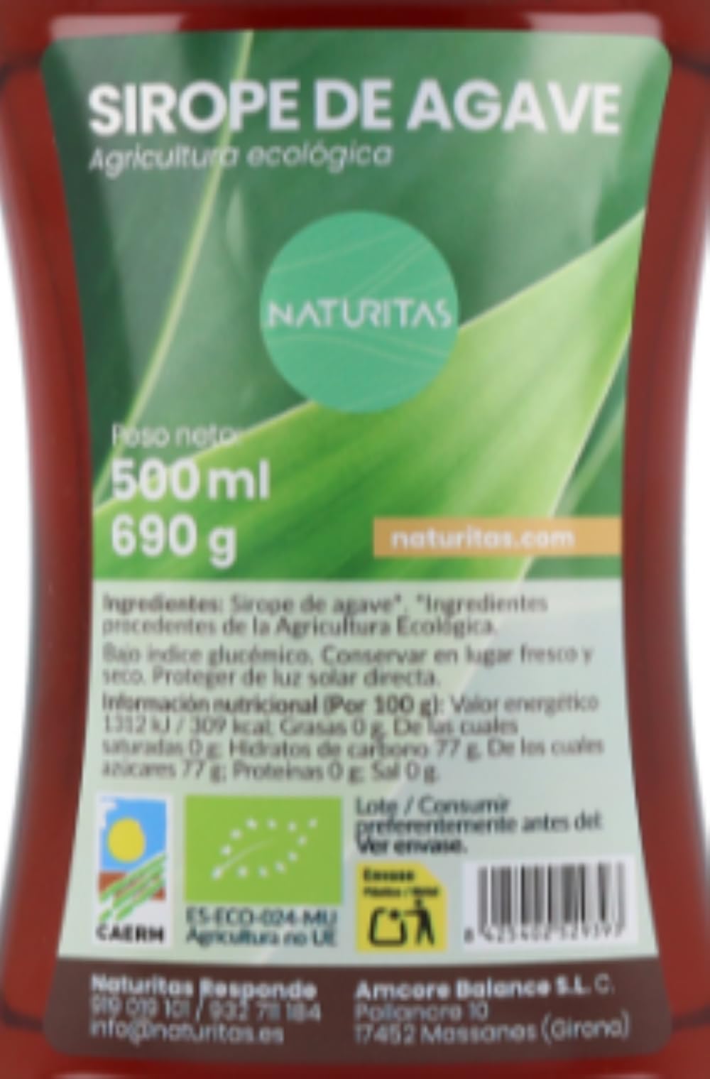 Sirope de agave BIO 100% puro con antigoteo | 690 g | Naturitas Essentials | Sirope de agave Bio 100% puro | Endulzante de bajo índice glucémico | Endulzantes y Mieles