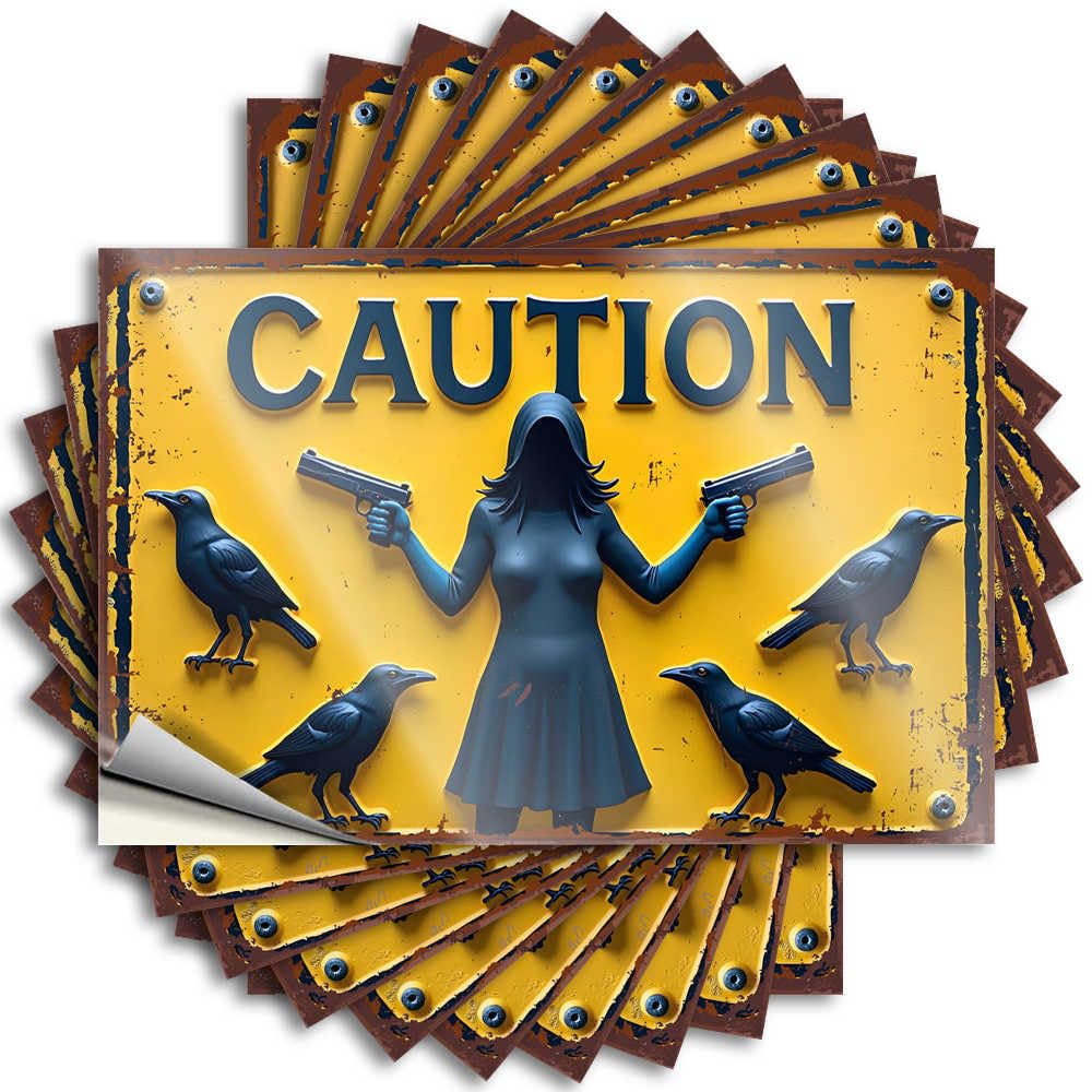 Decal Good, Absorbing Wall Caution: Armed Woman with Ravens Warning Sign | Tiki Bar Accessories(8X12CM)