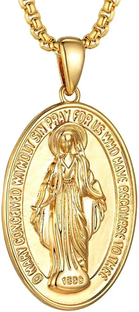 Virgin Mary Miraculous Medal Necklace - Oval Our Lady of Graces Pendant with Filigree Border