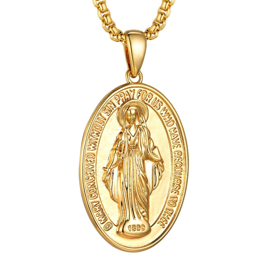 Jewelry Oval Miraculous Medal Necklace, Our Lady of Graces Pendant with Filigree Border, Virgin Mary Religious Jewellery for Women Men