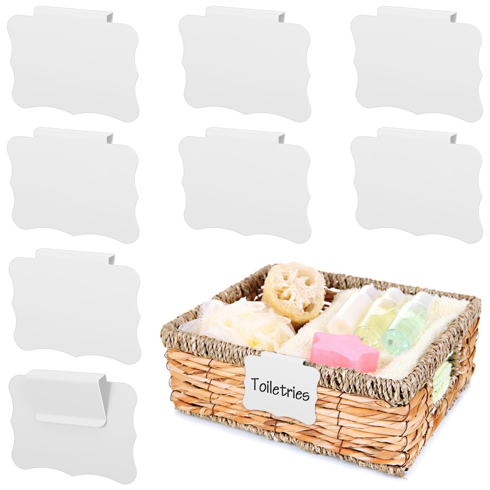 YBEATY 8PCS White Basket Labels Basket Labels Clip on Set 3.5x2.7 Inches Kitchen Clip Label Holder Clips On PVC Label Removable Holders Removable Pantry Baskets Labelsfor Pantry Storage Bins Box