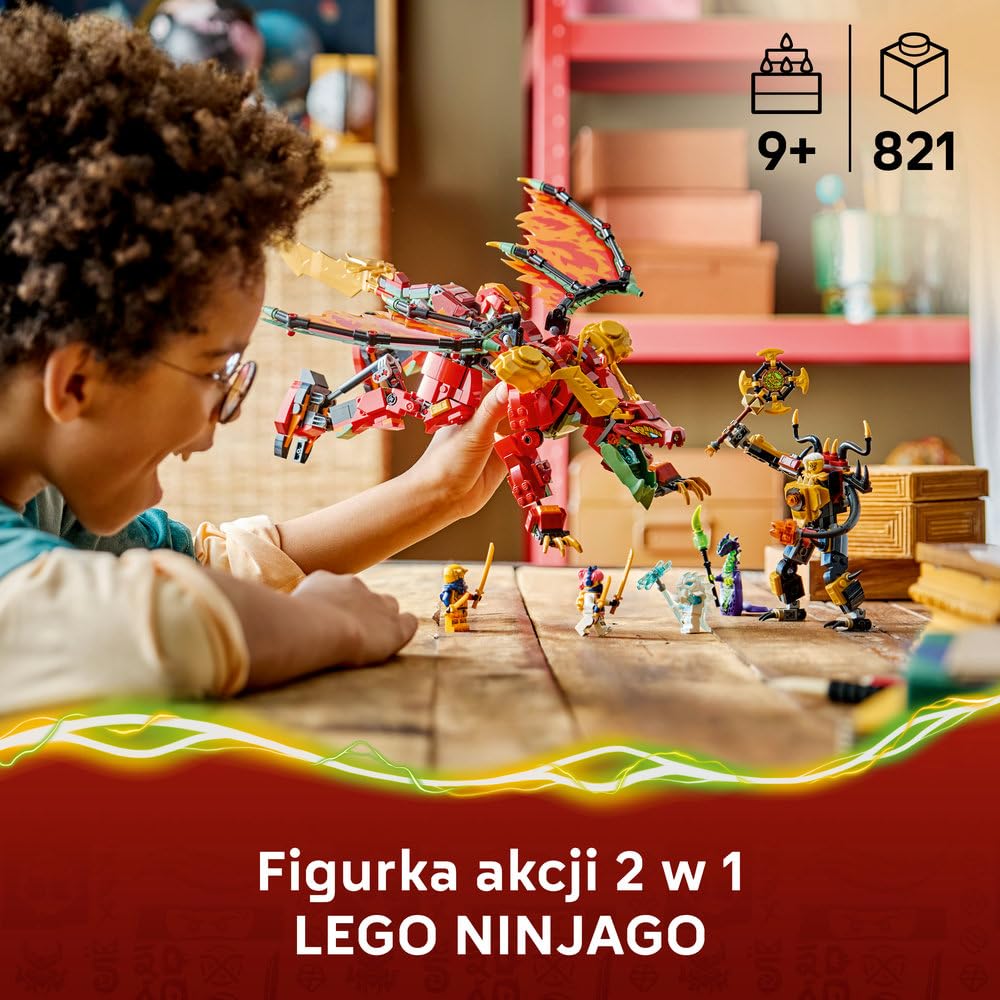 LEGO NINJAGO Transformujący smoczy mech Wyldfyre 71868 | smoczy mech, zabawka akcji, prezent dla chłopca i dziewczynki 9+, bitwa ninja, 821 elementów