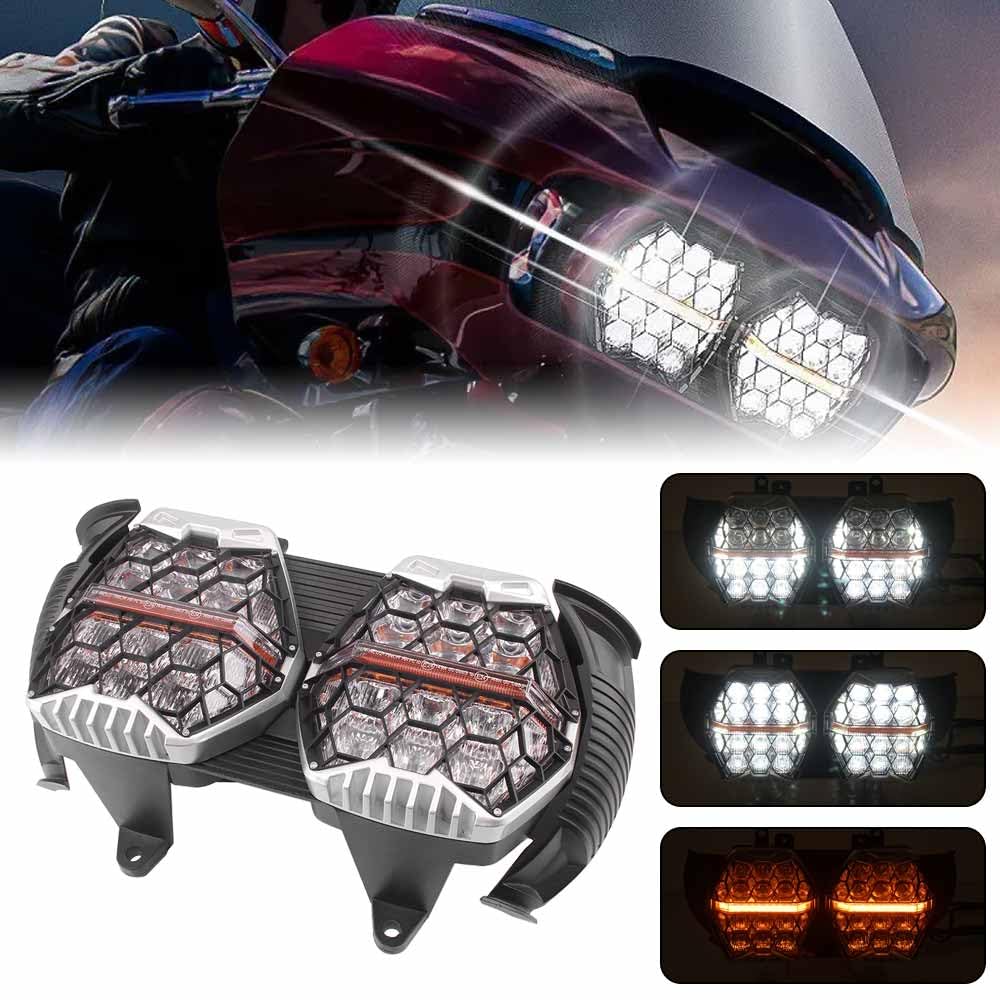 TrichTu Mount 240W Honeycomb Led Dual Headlight DRL Hi/Lo Beam For Harley Road Glide 2015-2025,DOT and Emark Approved,Black