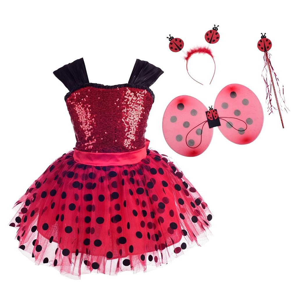 Lito Angels Ladybug Costume Red Polka Dot Fancy Tutu Dress Up for Kids Girls, Party Outfit with Wings and Accessories Age 3-4 Years
