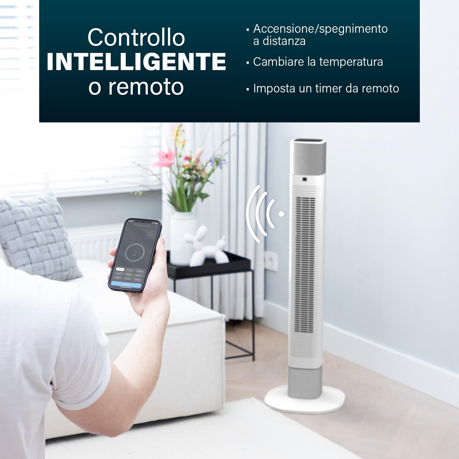 Princess Ventilatore a colonna silenziosa, altezza 103 cm, 3 modalità e 3 velocità, oscillazione, collegato, bianco