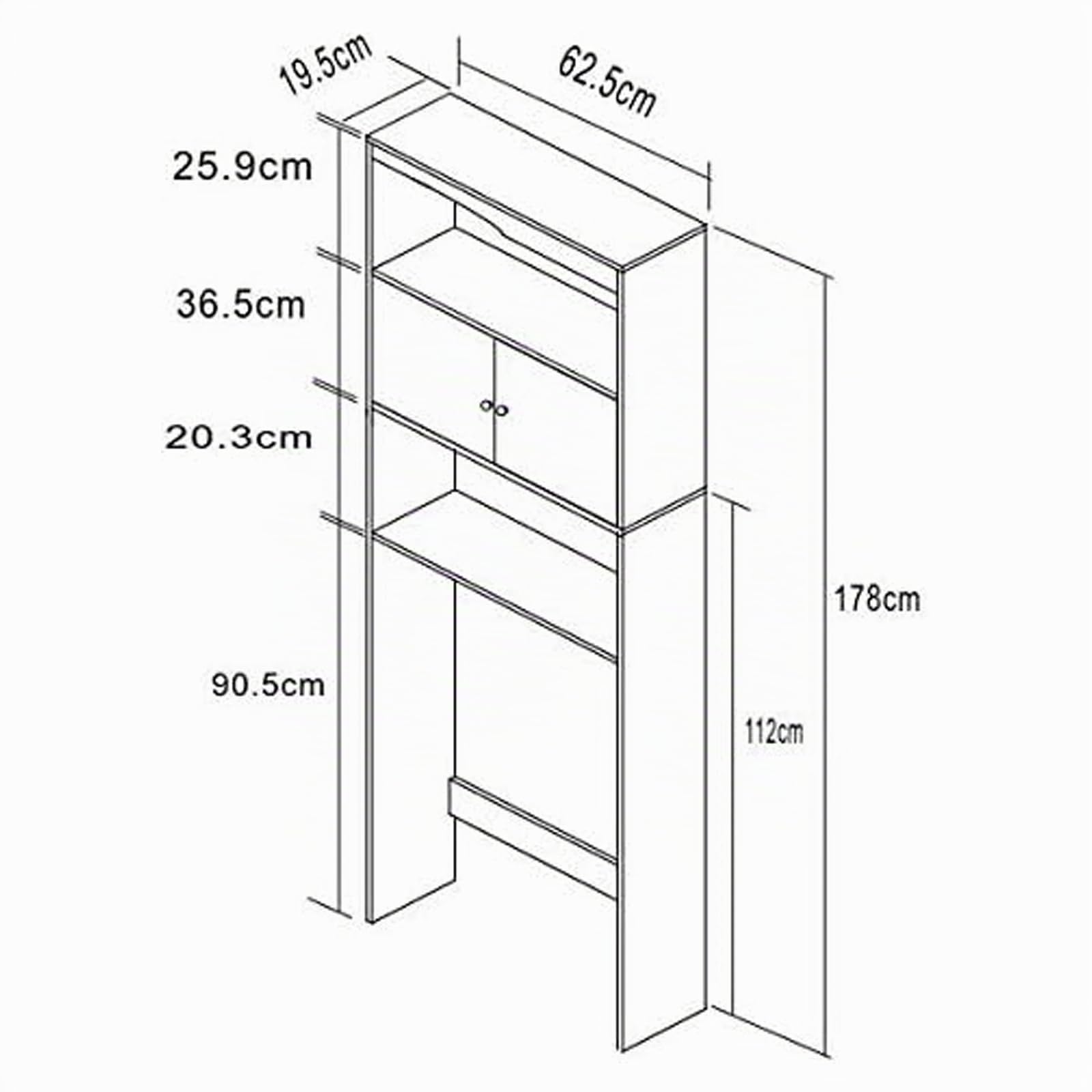 Ease Waschmaschinenschrank, Hochschrank, Toilettenregal mit Schrank, 2 offene Fächer, Verstellbare Ablagen, Badezimmerregal über Waschmaschine/Toilette 62,5 x 19,5 x 178CM