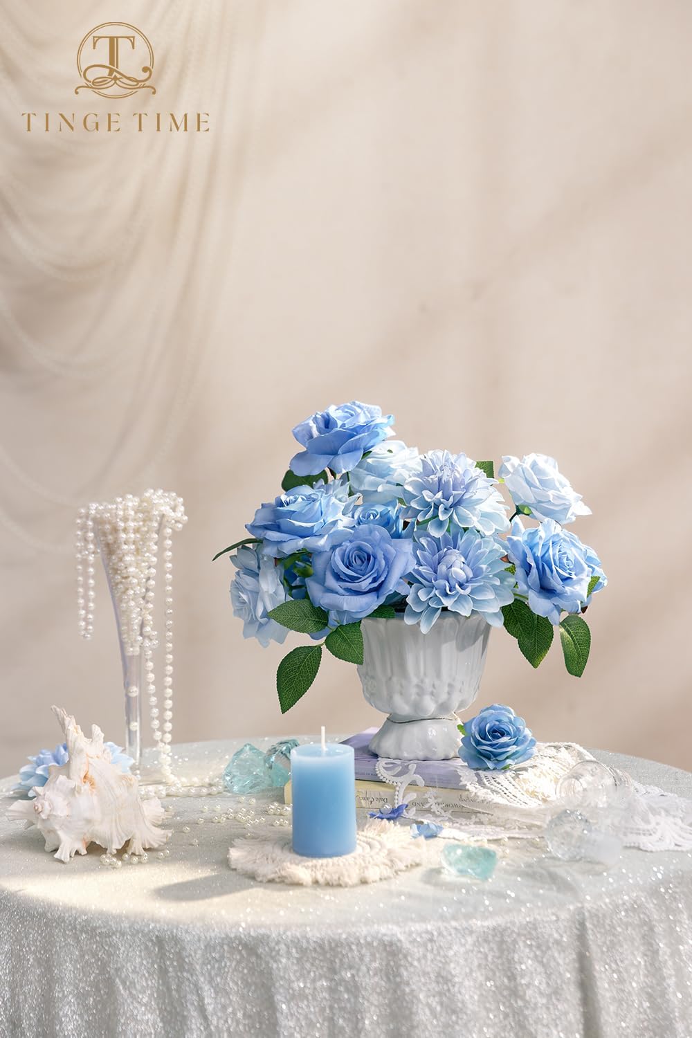 TINGE TIME Artificial Flowers Combo Box Set, 16PCS Fake Rose Silk Flower with Stem for DIY Wedding Bouquets Centerpieces Baby Shower French Country Home Decoration (Provence Blue)