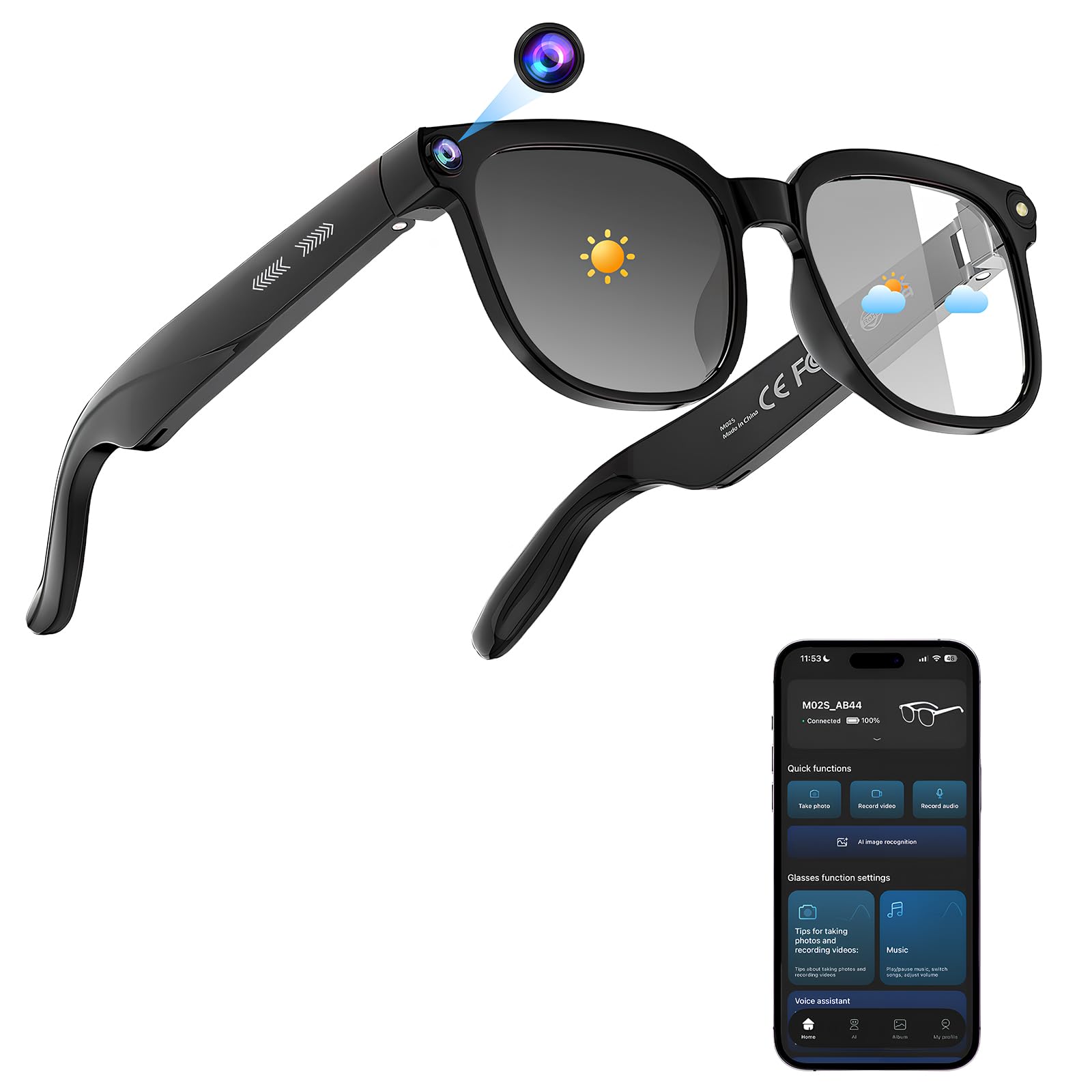 Lunettes Connectées avec 8MP Lunette Camera, 1080p Lunette Traductrice Lunettes IA Lunette Intelligente avec Verres Photochromiques, Musique Bluetooth, Stant Vocal et Vidéo